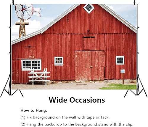 Miniatura 4 de YongFoto Telón de fondo de madera de granero rojo, 10 x 8 pies, vintage, almacén, granja, molino de viento, cielo azul, campo occidental, vaquero,