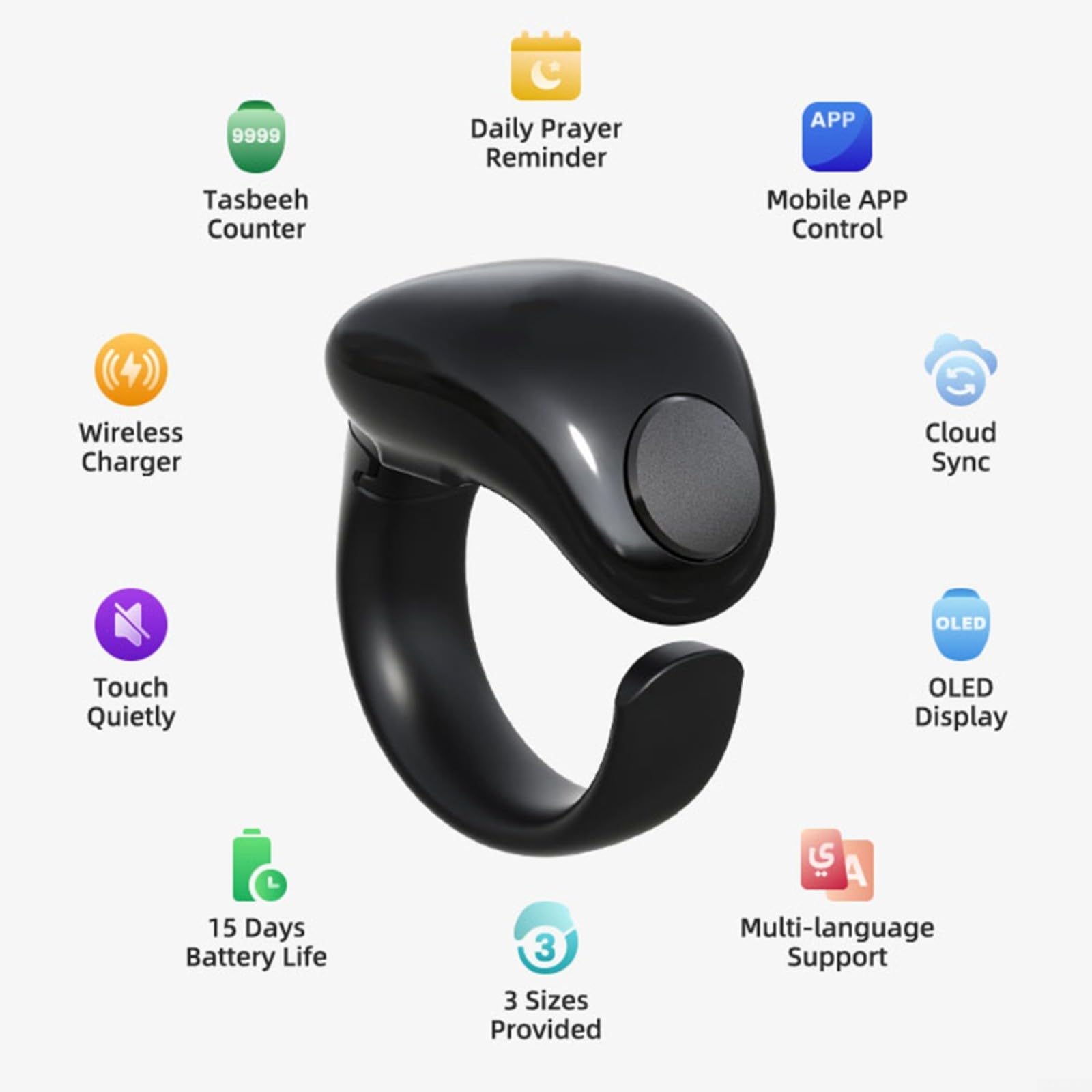 Anello di preghiera digitale Tasbih impermeabile Smart Device con App Sync Dimensioni regolabili 18 mm 20 mm 22 mm per culto musulmano pratica spirituale Tracking 9999 conteggi