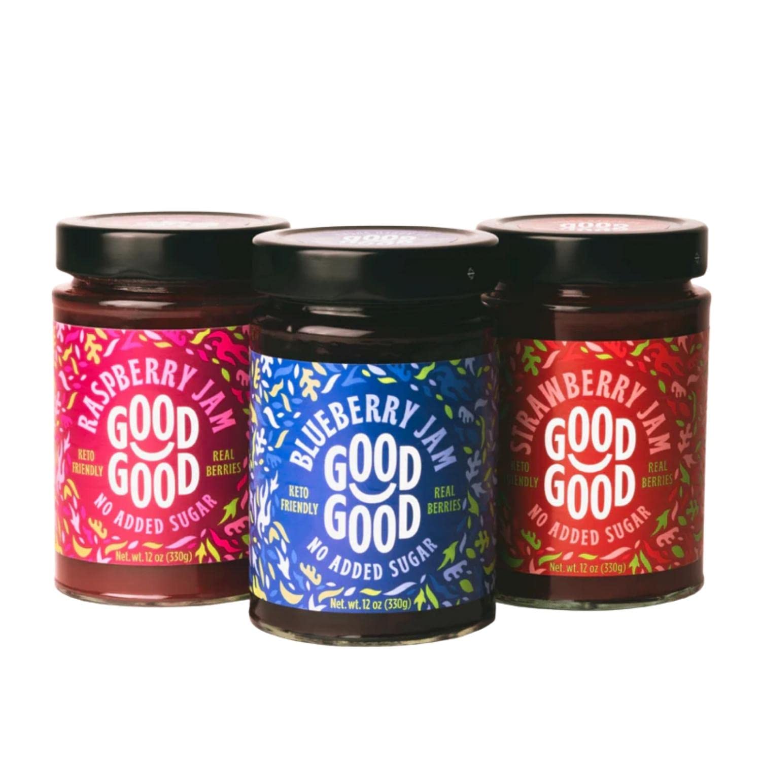 GOOD GOOD Berry Jam Collection - Raspberry, Blueberry & Strawberry Jams - Keto Friendly Variety Pack - Low Calorie Without Added Sugars - Vegan - Gluten Free - Preserves - 330g Jars