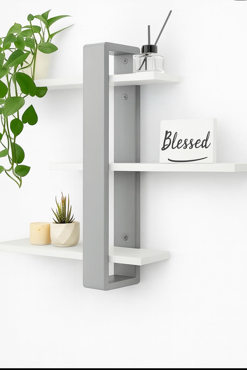 ETIQUETTE ART Floating Shelves for Wall Mounted Shelving Engineered Wood 3 Tier Large Shelf for Bedroom Living Room Office Bathroom Home Decoration Storage Plant Photo Display (Grey & White)