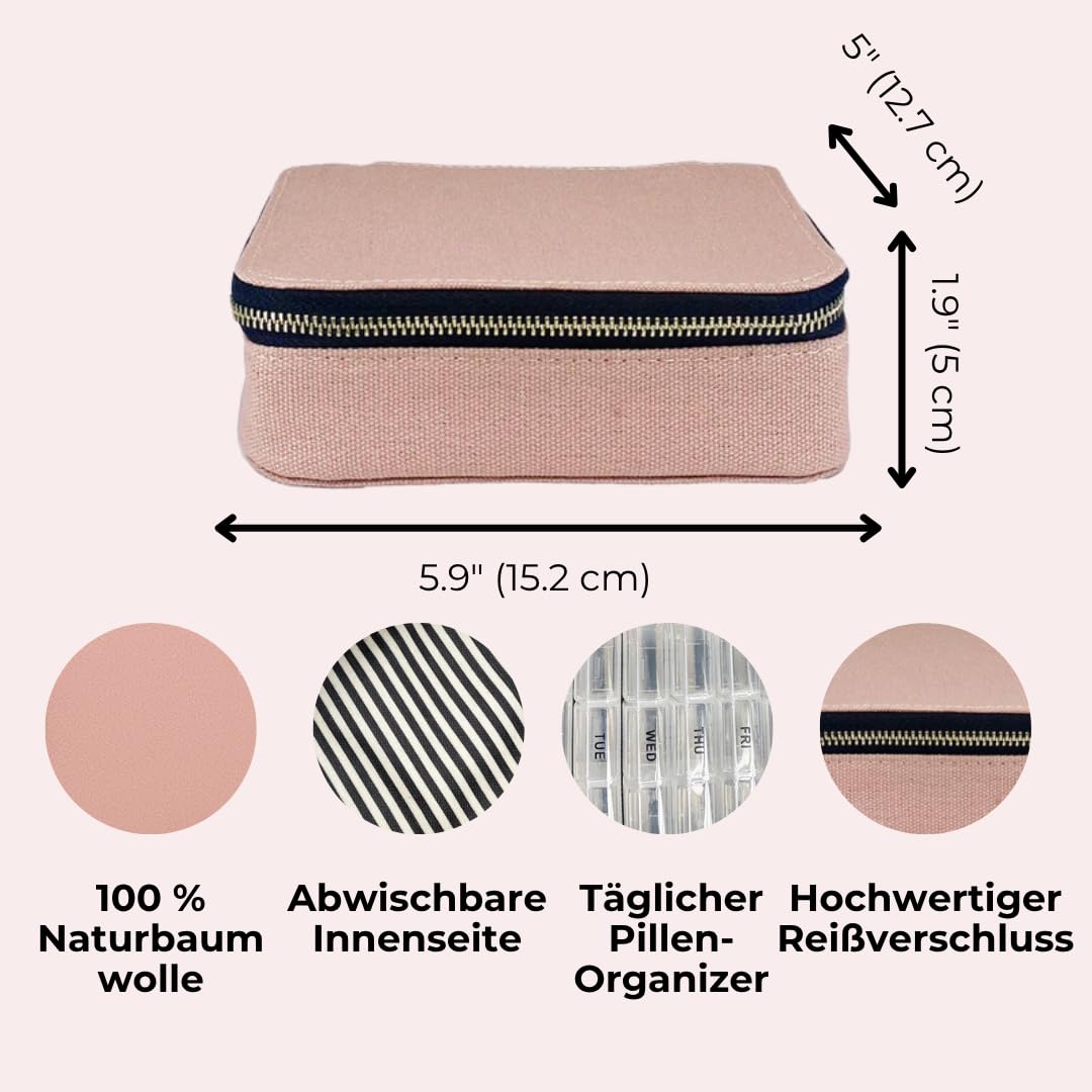 Bag-all Large Pill Große Pillenbox Reise | Tablettenbox mit Wochendosierer | Medikamenten Organizer aus Baumwolle mit Reißverschluss | Reiseapotheke Tasche mit Tagesfächern | Rosa