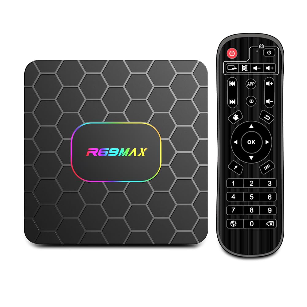 Android 14.0 TV Box,R69MAX Smart TV Box with 4GB RAM 32GB ROM RK3528 Quad Core Arm Cortex A53 Mali-450 GPU Support 8K 3D 1080P 2.4/5.0GHz WiFi BT5.0 10/100M Ethernet DLNA HDMI2.0 USB3.0 H.265