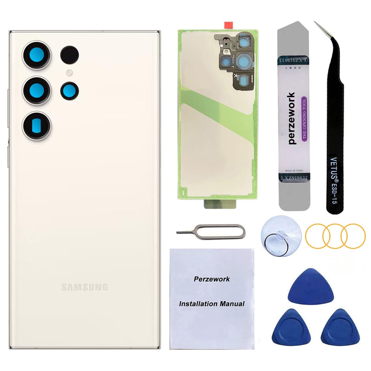 Rear Back Glass Replacement for Samsung Galaxy S23 Ultra 6.8 inches with Reparing Toolkit and Manual (Cream)