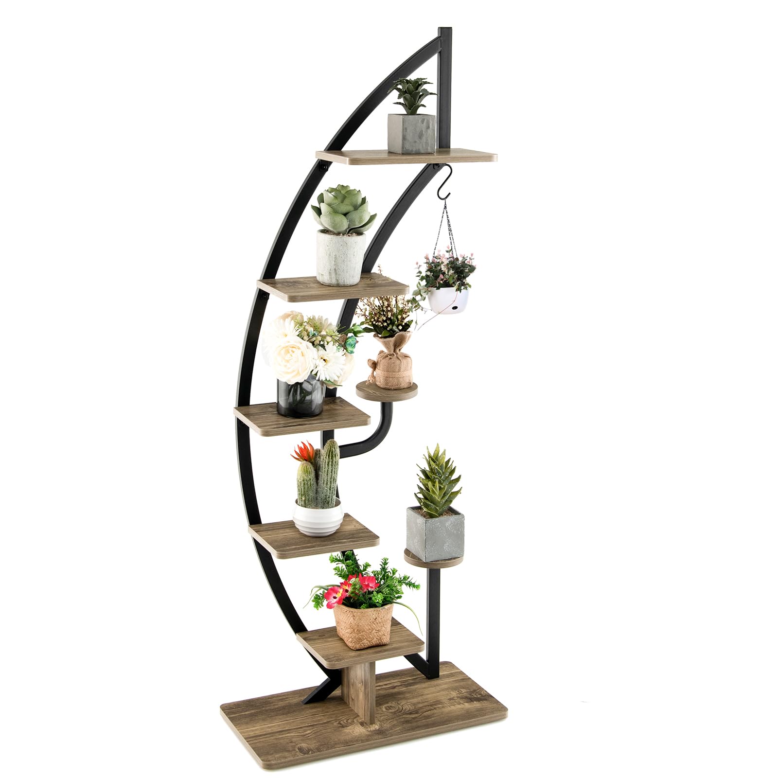 HOMASIS Scaffale Porta Piante a Forma di Mezzaluna, Scaffale per Piante da Interno, Portavasi Elegante da Interni, Espositore per Decorazioni da Balconi, Soggiorni (1, Marrone)