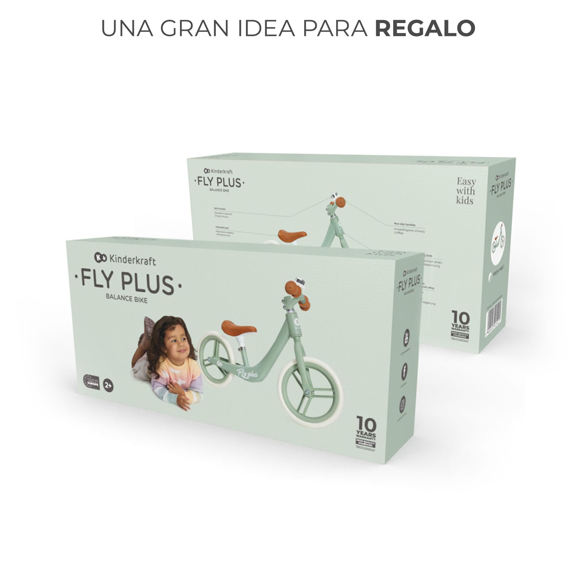 Kinderkraft Fly Plus 2 Bicicleta sin Pedales, Bicicleta Niño 2 años, Bicicleta 2 Ruedas, Bicicleta de Equilibrio, Sillín Ajustable, con Accesorios, con Freno, Ruedas Grandes, 35 kg, Verde