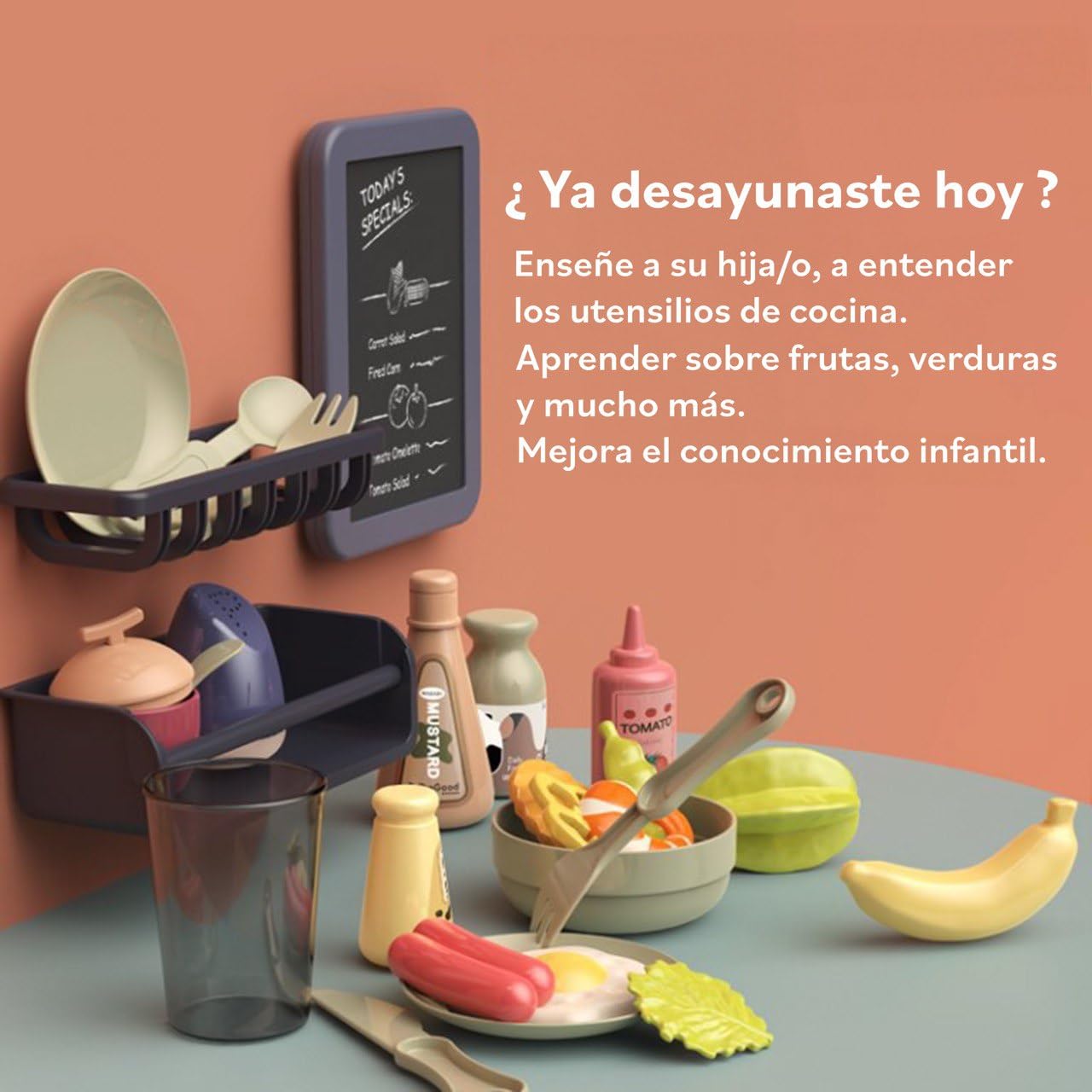 Cocina de Juguete niños Unisex, Incluye 36 Accesorios, fogones eléctricos con simulación de Fuego, Grifo con Bomba de Agua, Pizarra y Mucho más Juguetes + 3 años (Marrón)