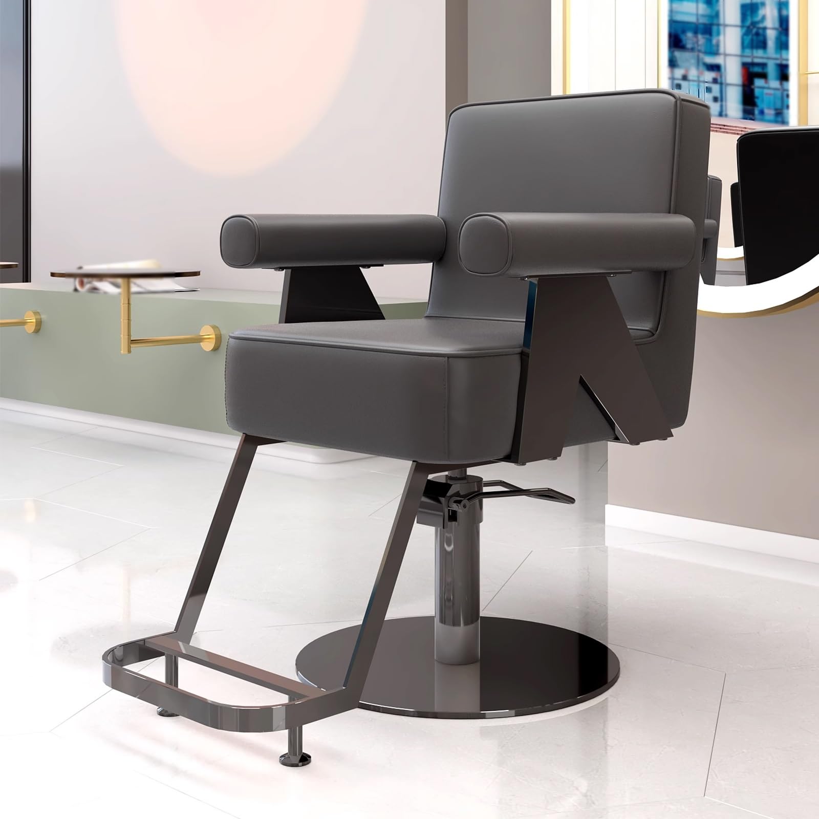 Sillas de barbero, Silla de barbero Ajustable con rotación de 360° y Control de Altura - Silla de salón de Cuero para barbería, peluquería y SPA - Cómodos reposabrazos tapizados (Negro)