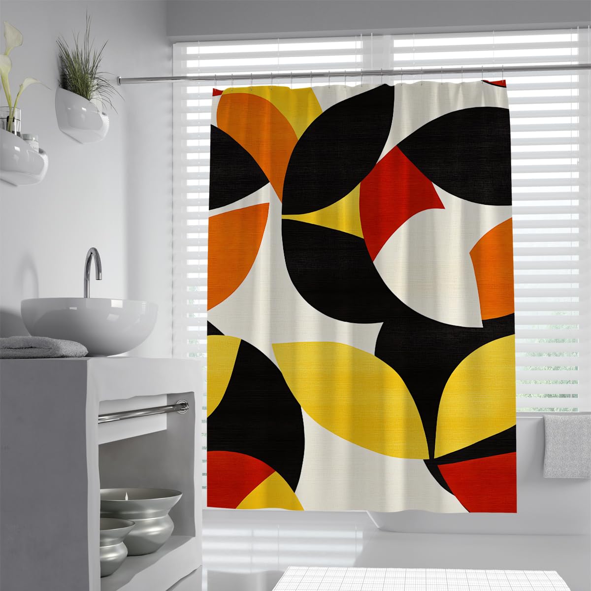 UIRINGART Mid Century Geometric Shower Curtain W180xL200cm Retro Abstract Half Circles Block Pattern Waterproof Anti Mould Apartment Essentials Bath Screen With Hook