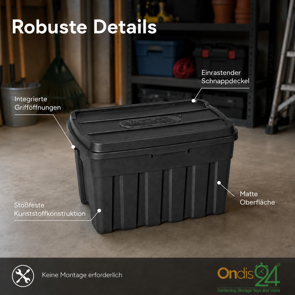 Ondis24 Scatola portaoggetti con coperchio, 140 l, 77 x 42 x 66 cm, impilabile con coperchio, stabile, impilabile, in plastica, per proprietari di case, genitori, appassionati di fai da te, forniture