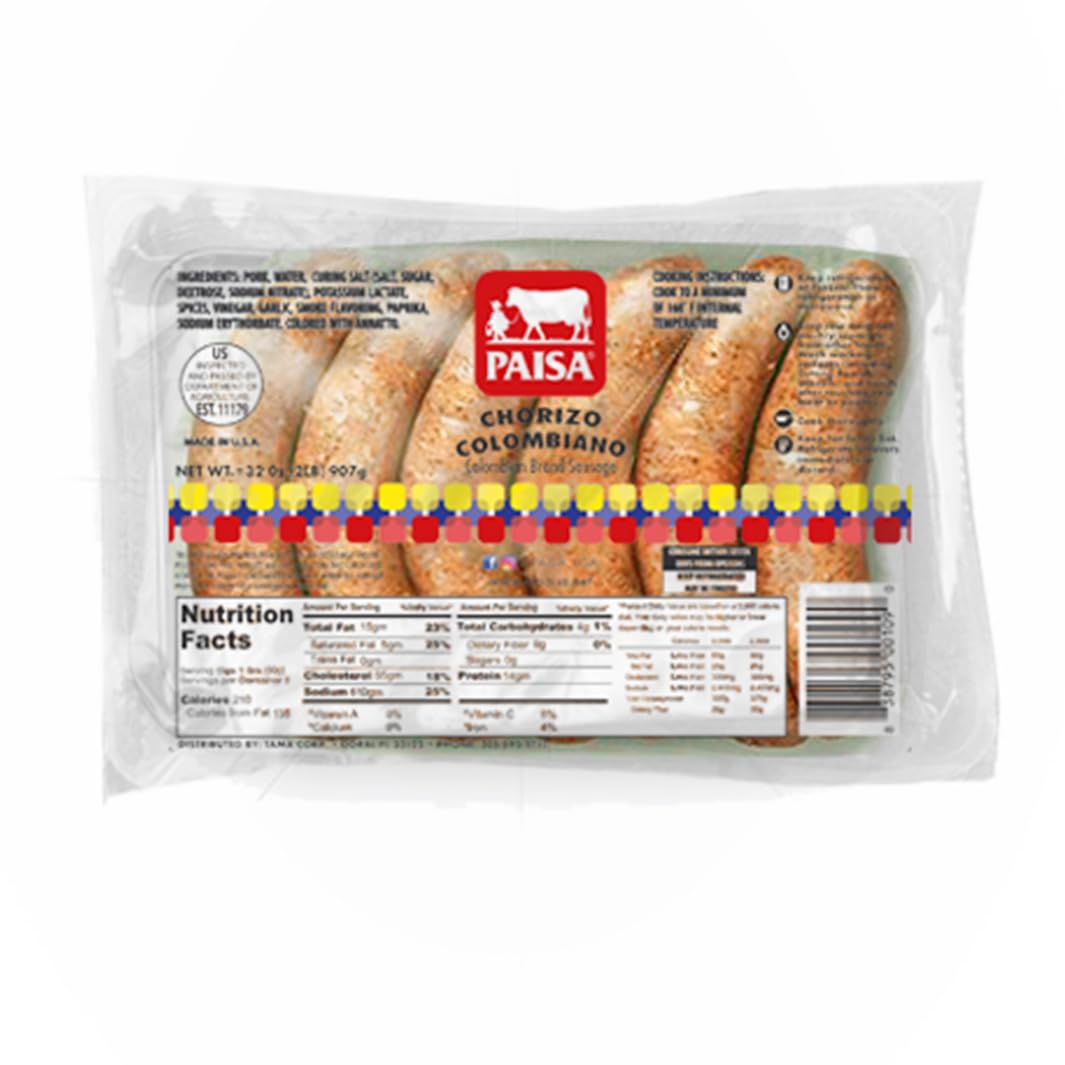 Paisa Colombian Style Chorizo Sausage 100% Natural Meat, High Protein Low Carb, Keto, Gluten Free (Pack of 4)