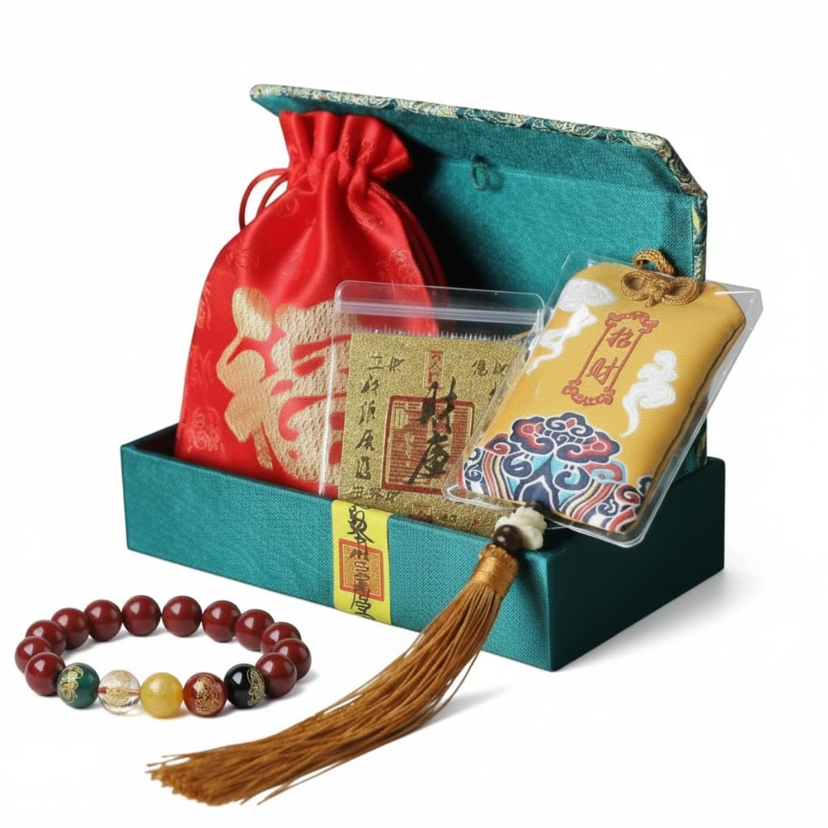 Feng Shui Wealth Amulet Gift Set - Black Obsidian Pi Xiu Bracelet for Men Women, Golden Prosperity Sticker & Taoist Talisman Pouch - Spiritual Good Luck Charm Kit for Success & Protection