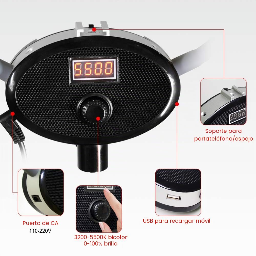 FX-480ii Plegable 50W 3200K-5500K LED Video Studio Doble Brazo Llenado Anillo de Luz con Puerto de Carga USB,Trípode de 200cm Tiras Largas Soportes para Teléfono Cámara YouTube Video
