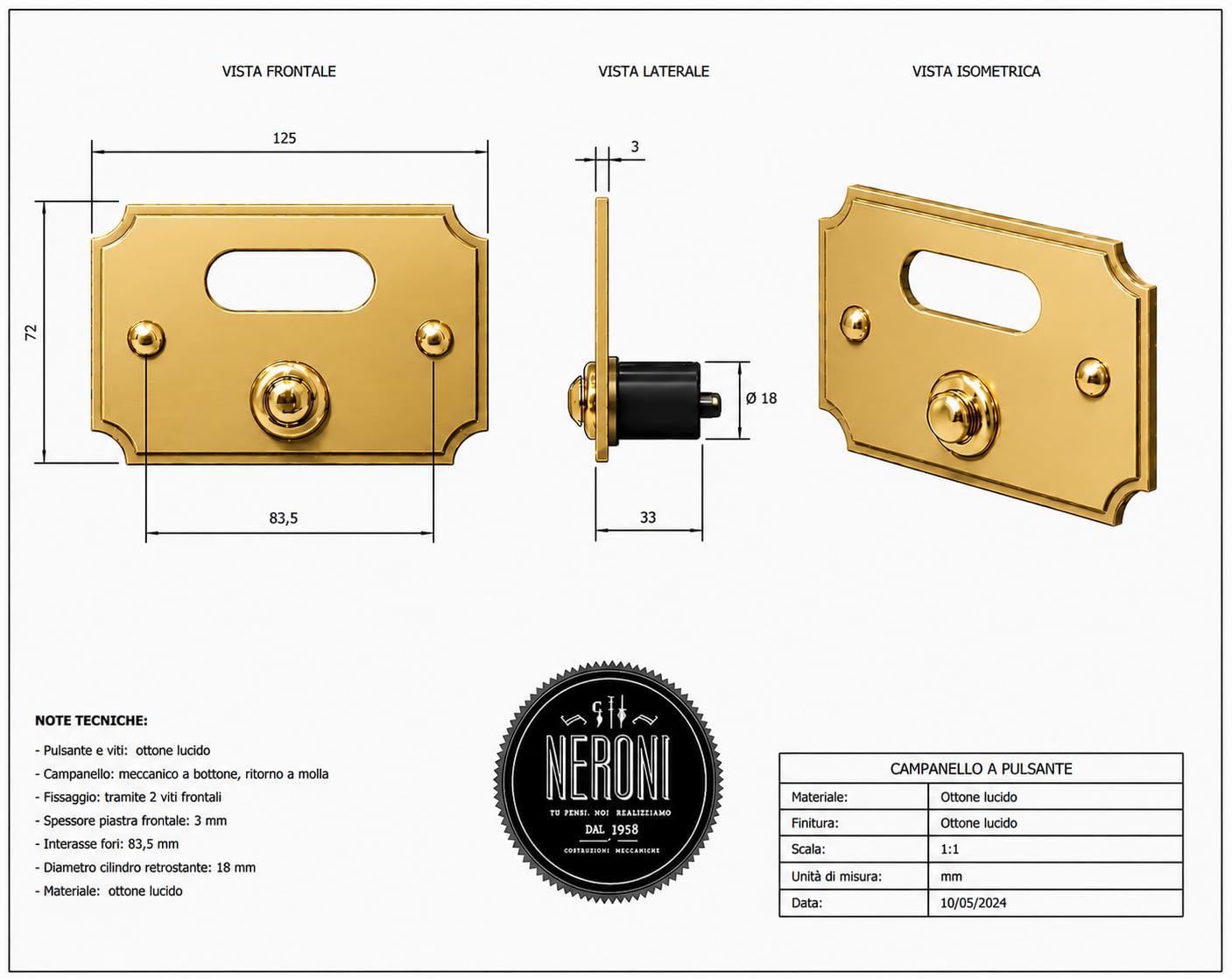 Neroni Mameli Campanello in Ottone Lucido per Esterno abitazione - Porta Ingresso Casa, con Pulsante Elettrico - Modello Tiberio - Made in Italy