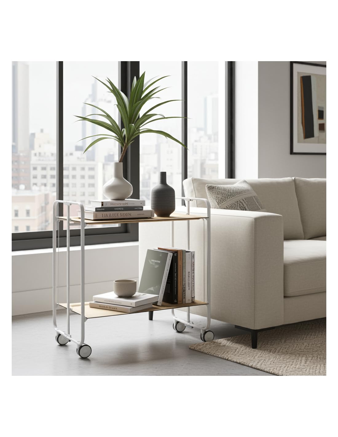 Mesa plegable con ruedas, chasis blanco, madera, Haya, talla única
