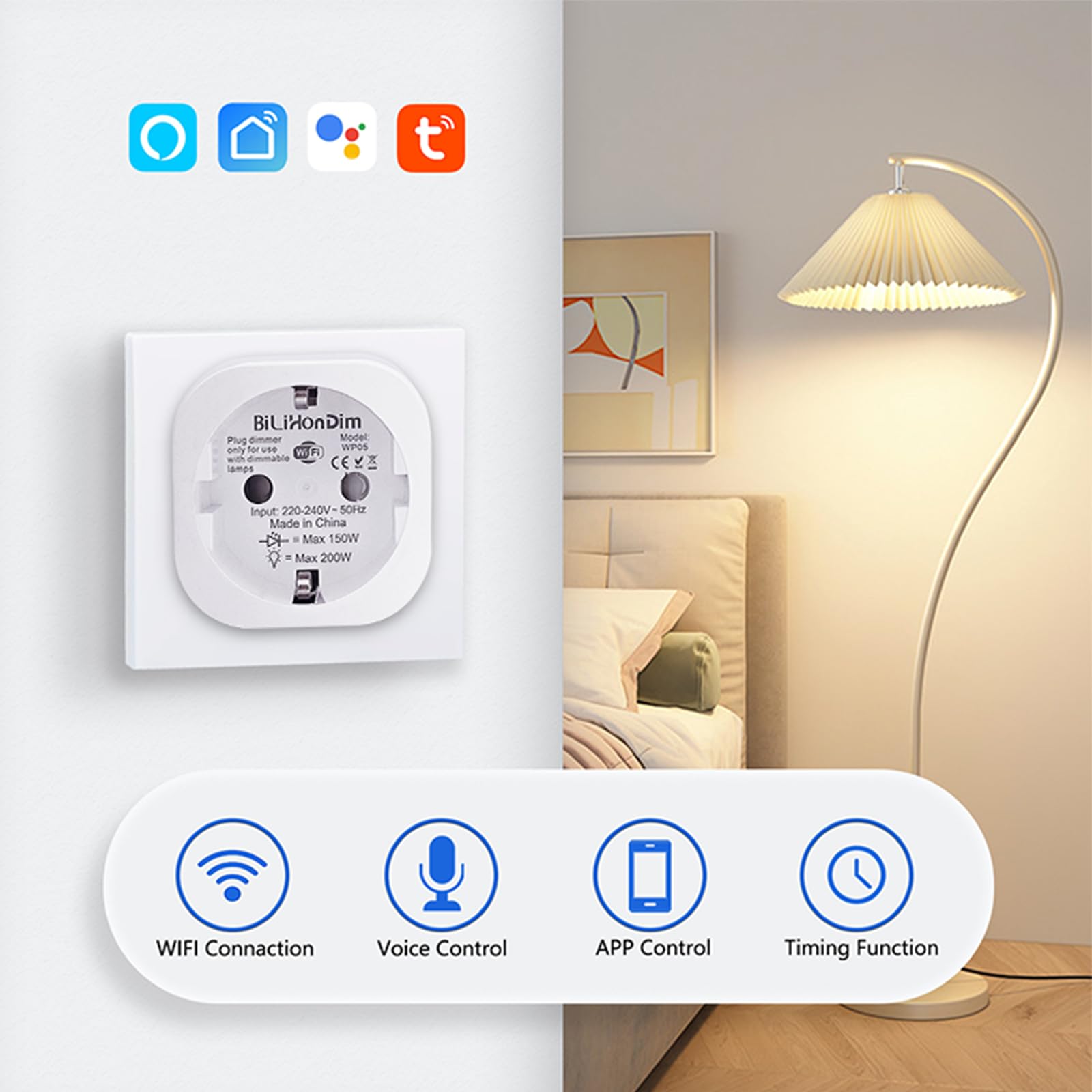 Enchufe inteligente con WiFi, compacto, control de voz y aplicación, compatible con Smart Life, sin concentrador, para bombillas LED regulables