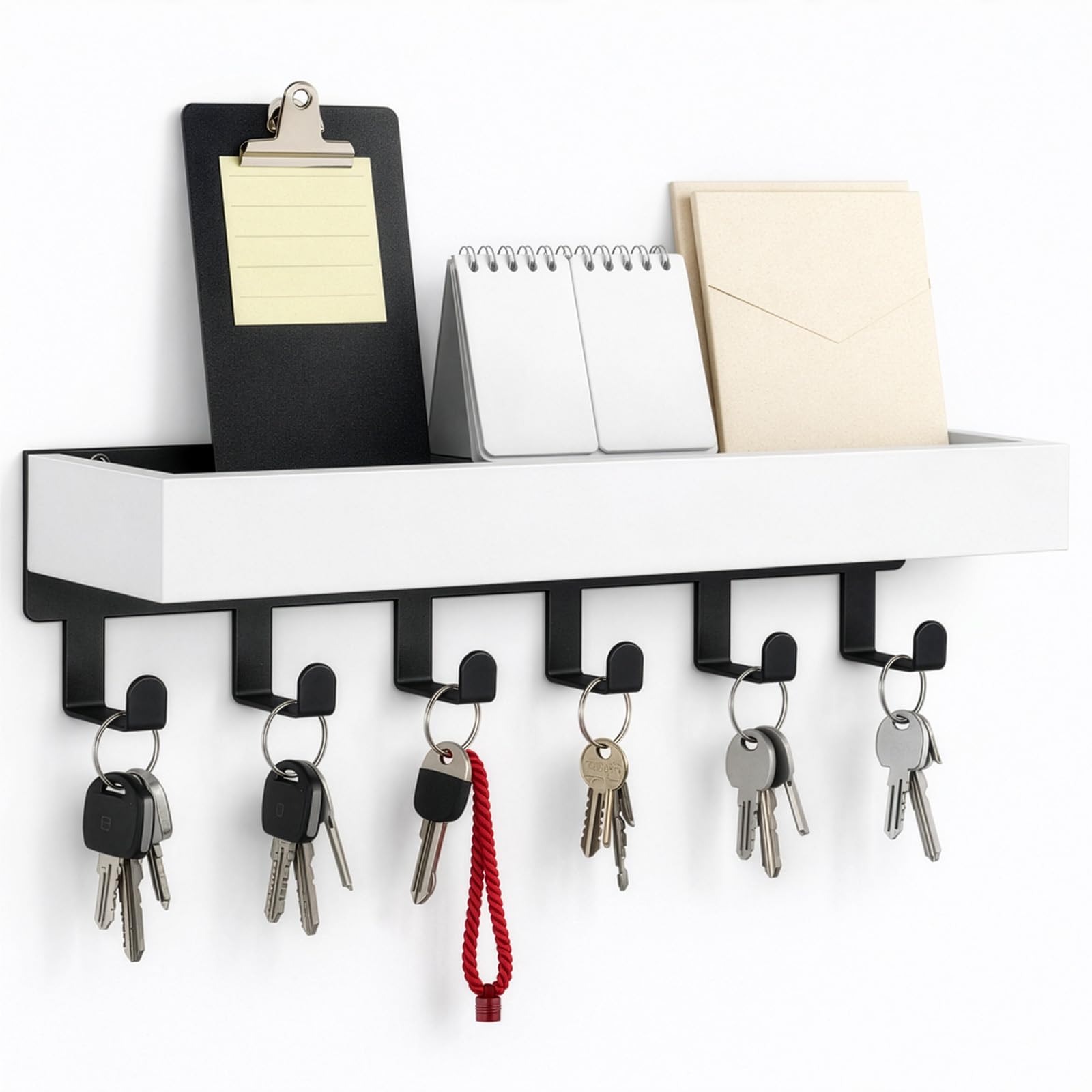 EVERGOODS Key Holder with Wood Tray Wooden Key Holder with 6 Hooks, Wall Mounted Mail Organizer and Entryway Shelf, Rustic Decorative Key Rack Wall Mounted Key Racks, Key Hangers Home (White)