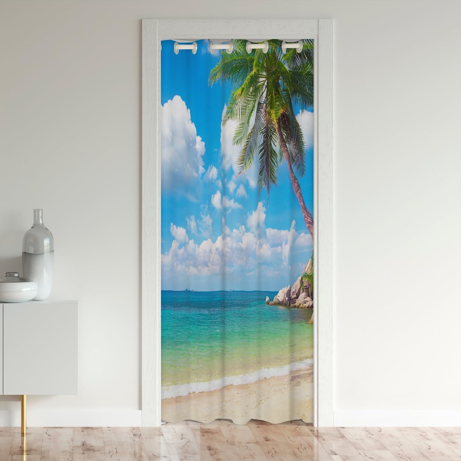Erosebridal Ocean Beach Door Curtain for Doorway Privacy Palm Trees Door Drape 34
