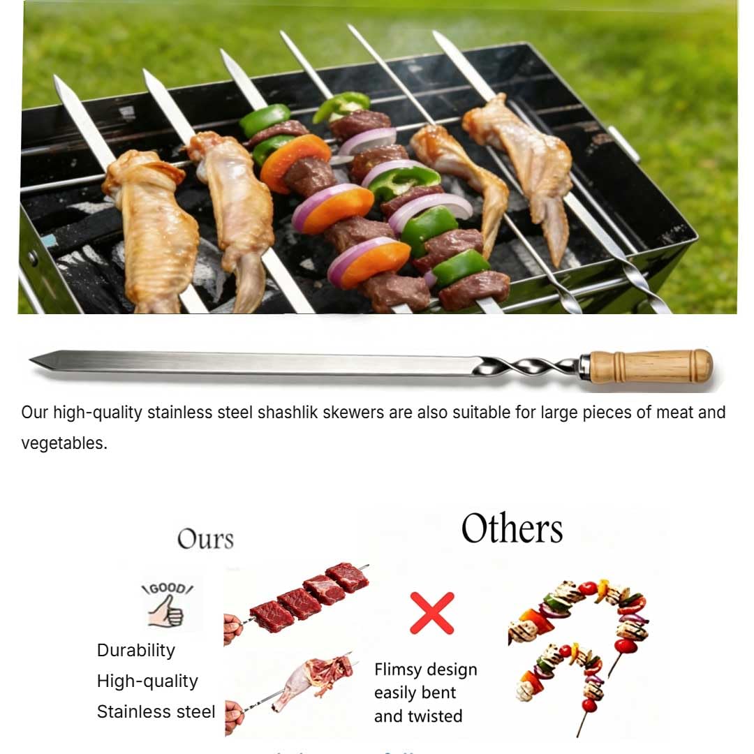 Lot de 6 brochettes en acier inoxydable de 55 cm de long avec manche en bois