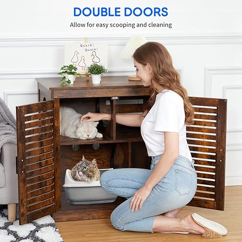 Miniatura 7 de Caja de arena para gatos de 2 capas, baño oculto para gatos con divisor, mesa auxiliar de madera resistente para mascotas, incluye 4 áreas