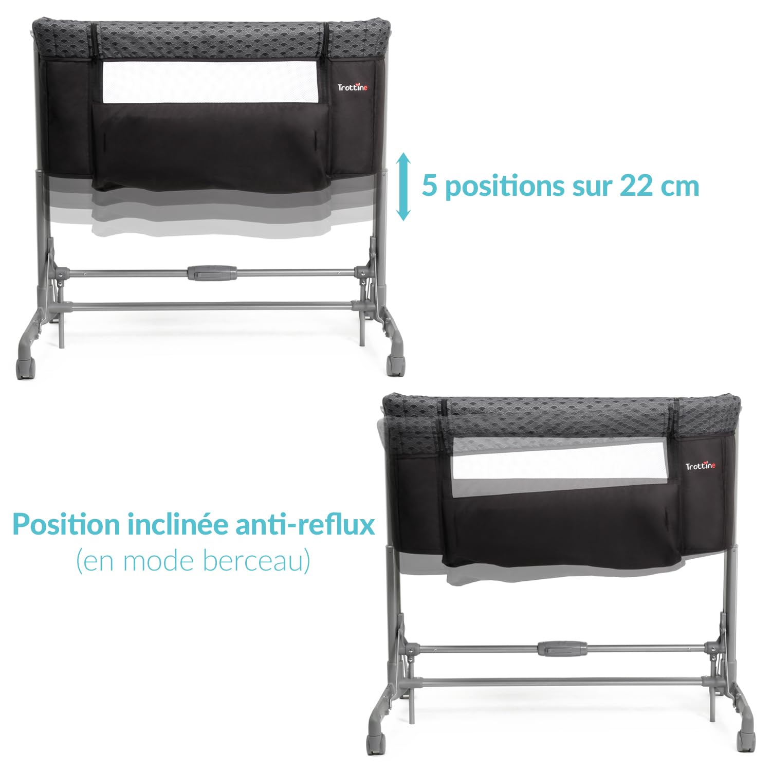 ONE TWO DREAM Lit Berceau Cododo, Ouverture Zippée, Hauteur Réglable, Position Inclinée Anti-Reflux, Pieds Pliables, Sangles de Fixation, Pliage D'Une Main, Roulettes, Sac Transport -NamiGris