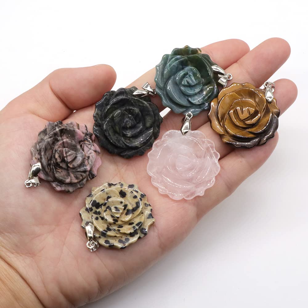 Pendentif En Pierre Naturelle Sculptée Forme Rose - Améthyste, Plaqué Argent 18k, Taille 33mm, Fait Main