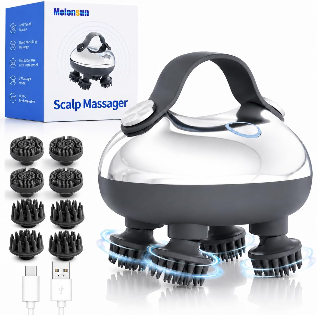 Melonsun Electric Scalp Massager for Stress Relief, Anti-Tangle 360° Kneading Head Massager, IPX7 Waterproof Rechargeable for Shower Use, 3 Modes, 2 Silicone Claw Sets for Massage & Gentle Cleansing