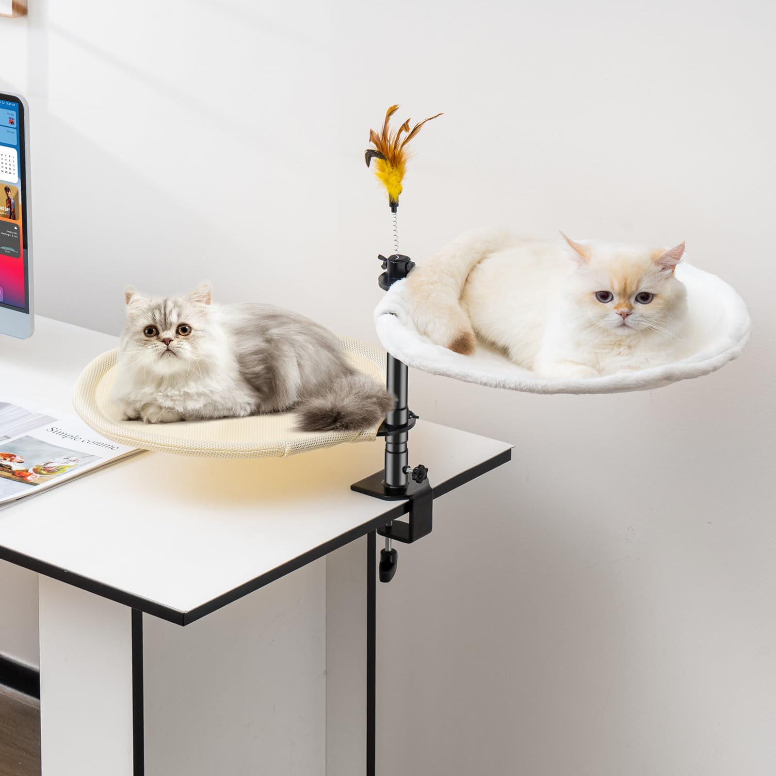 Uross Cat Desk Bed- Double Layers Adjustable Height 360 Rotation Cat Desk Perch Mount for Office and Game Tables, Attachment Desktop Bed with 2 Washable Covers, Soft Rabbit Fur& Breathable Mesh -Beige — image 1