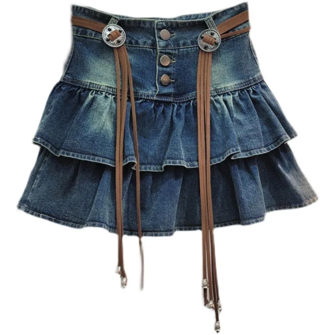 Gonna corta da donna skinny a vita alta a trapezio con volant mini gonna in denim tinta unita, Nero , L