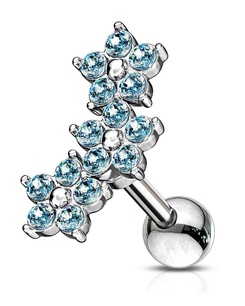Forbidden Body Jewelry16g 6mm Surgical Steel Stud for Cartilage, Tragus, & More w/Triple Crystal Floral Cluster