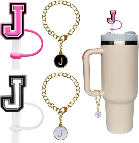 2 fundas de popote para copa Stanley de 30 y 40 onzas, 0.394 in con 2 dijes de letras personalizados, nombre de identificación, letra inicial,