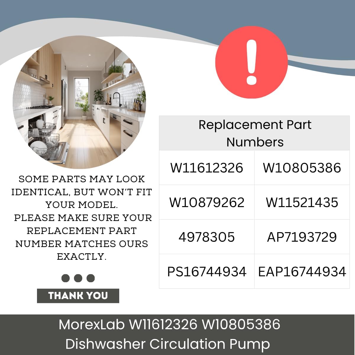 W11612326 W10805386 Dishwasher Circulation Pump Replacement Compatible with Whirlpool, Amana, Kenmore Dishwashers Replacement Parts: W10879262, PS16744934, W11521435