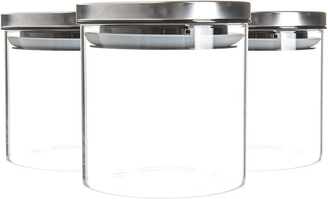 Argon Tableware Glass Storage Jars with Metal Lids - Modern Contemporary Kitchen Food Storage Canister - Silicone Seal - 550ml - Silver - Pack of 3