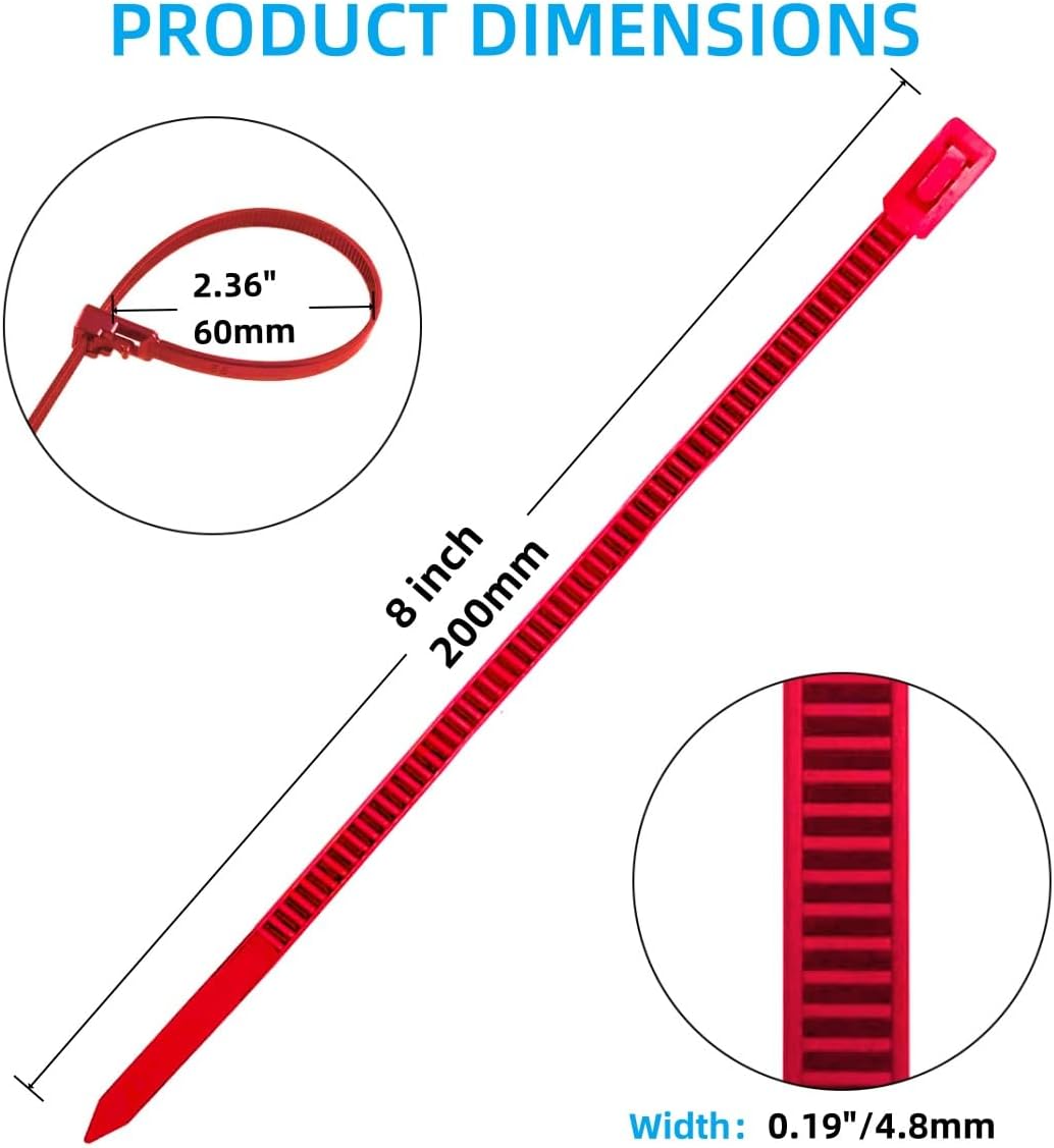 250 PCS 8 Inch Reusable Zip Ties Red ?Adjustable Cable Tie, 36 LBS Strength for Home, Car, Office & Wire Management (Self Locking, Indoor/Outdoor Use)