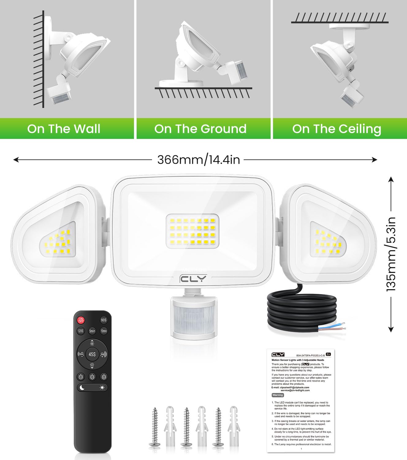 CLY Faretto Led Da Esterno Con Sensore Di Movimento 42W 3600LM | Faretti Led 3 Teste Fari LED Esterno Con Telecomando Bianca Fredda Faro Led Da Esterna IP66 Impermeabile Per Cortile Garage