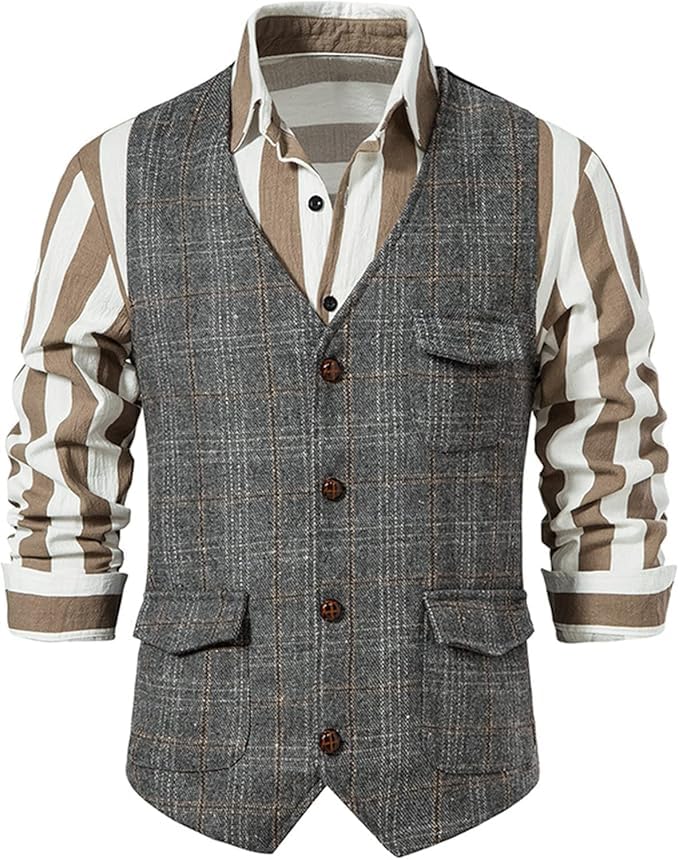Mens Formal Business Plaid Suit Waistcoat Slim Fit Single Breasted V Neck Suit Vests Wedding Party Dress Waistcoat3