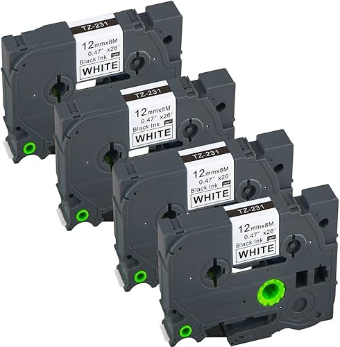 Paquete de 4 cintas de repuesto para Brother TZe-231 de 0.472in, 0.47 pulgadas, color negro sobre blanco, cinta laminada compatible para