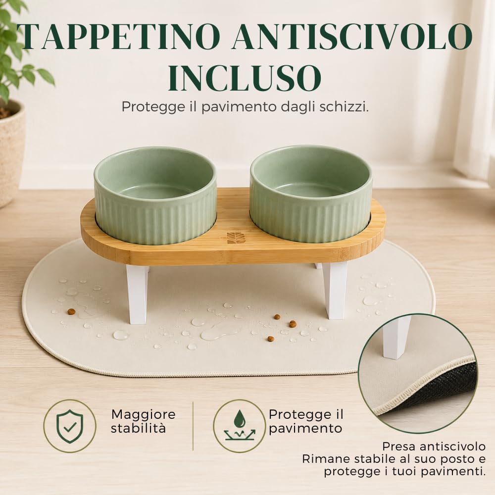 BELMIN Ciotole per Cani Rialzate – Porta Ciotole per Cani Rialzato con Ciotola Cane in Ceramica – 2 Altezze Regolabili – Base in Bambù Naturale – Tappetino Antiscivolo – Ideale anche Ciotola per Gatti