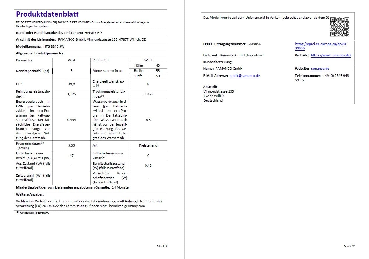 HEINRICHS Tischgeschirrspüler Mini Geschirrspüler 6,5L Wasserverbrauch 7 Programme 1380W freistehend