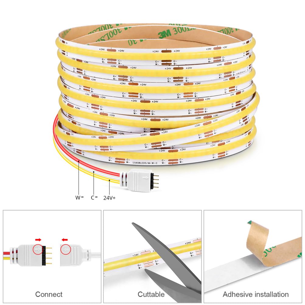 Taśma LED 5 m 24 V 608 diod LED/m z wtyczką Taśma LED WIFI COB z możliwością ściemniania, z zasilaczem Samoprzylepna 3000 K Ciepła biel IP65 Wodoodporna Do szaf Schody Korytarz Sypialnia Impreza,3m