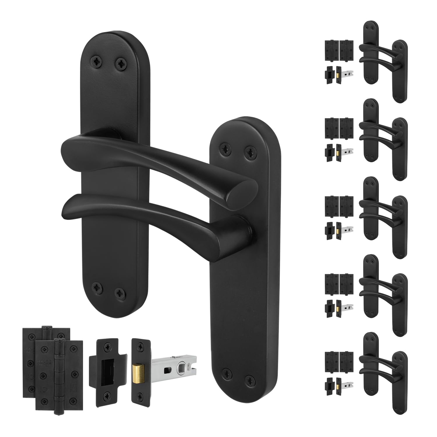 EAI Black Door Handle Latch Set, 6 Pair Matt Black Internal T-Bar Handles, Hinges (76mm) Latches (64mm) - Oliena