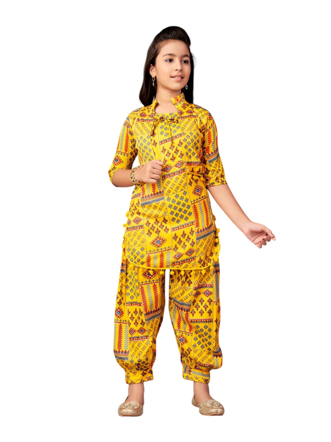 Aarika Girls Ethnic Wear Yellow Colour Abstract Print Polycrepe Kurti Patiala Set-3-13 Years (Pt-Shm-5013)