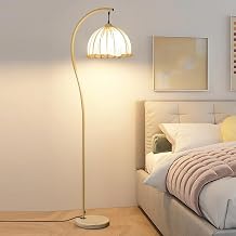 Nordic Cream Style Floor Lamp Bedside Decoration Standing Lamp Linen Shade Marble Base Tall Light Indoor Standing Reading Lights Arc Floor Lamps with Foot Switch for Living Room Corner