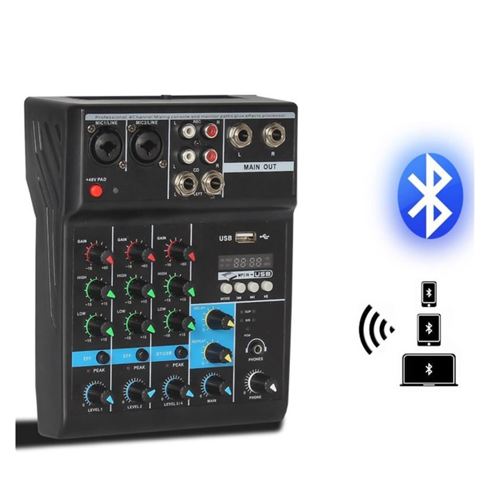 Mikser dźwięku stereo, konsola audio, 4-kanałowa konsola miksująca dźwięk Bluetooth do interfejsu DJ-a, cyfrowy stół, nowa karta, jakość dźwięku
