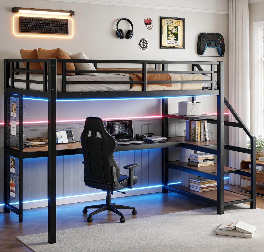 Image of Bellemave Twin XL loft Bed with Desk and Storage Stairs, Shelves, Metal Twin XL Loft Beds with LED Lights, USB Ports, Multifunctional Iron Nets for Adults, Kids, Teens, Black