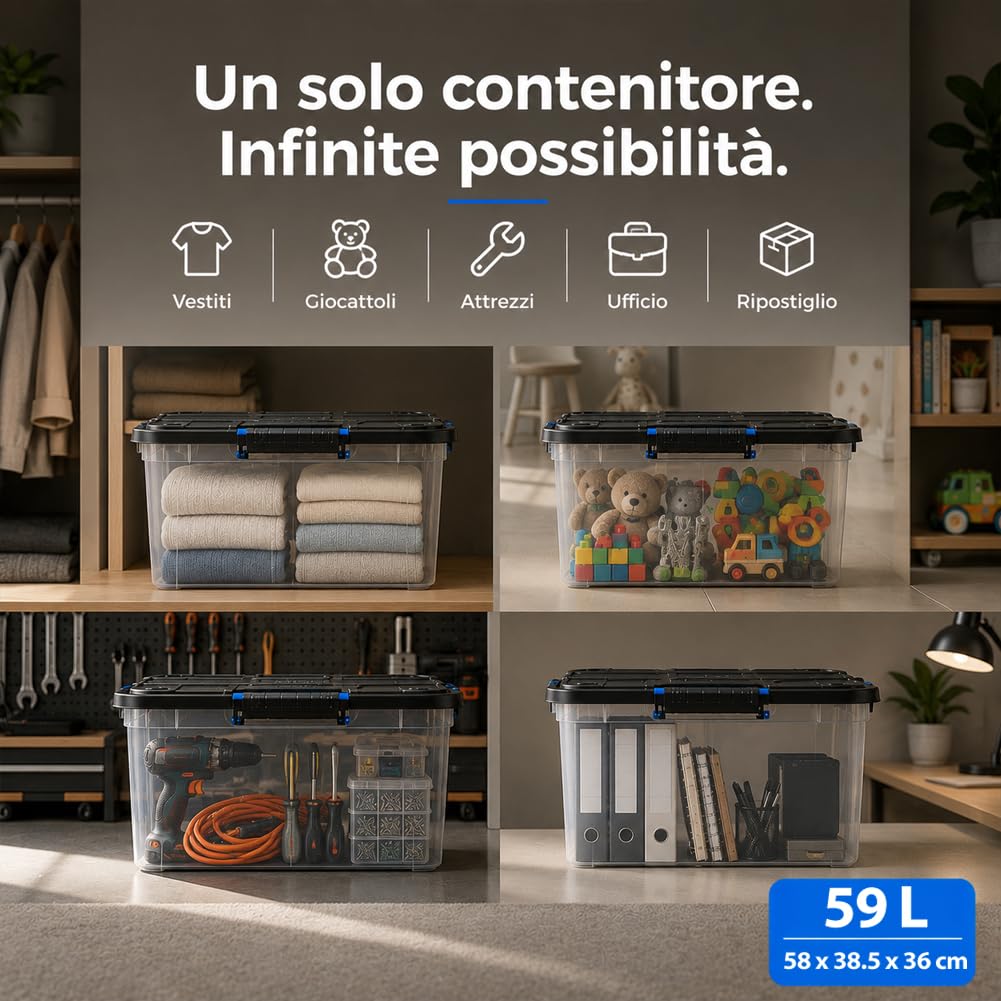 BAKAJI Set 4 Pezzi Contenitori con Coperchio e Ruote, Storage Box per Archiviazione Multiuso Giocattoli, Vestiti, Attrezzi, Accessori, Organizer Capiente e Robusto, Portaoggetti Stoccaggio