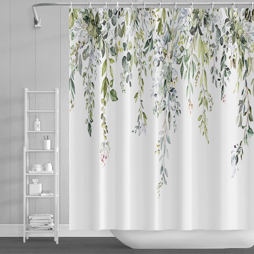 18meng Art Shower Curtain Green Leaf Mould Proof Weighted Polyester Fabric Bathroom Curtains 180x210cm Waterproof Resistant Wet Room Washable Bathtub Curtain with 12 Hooks