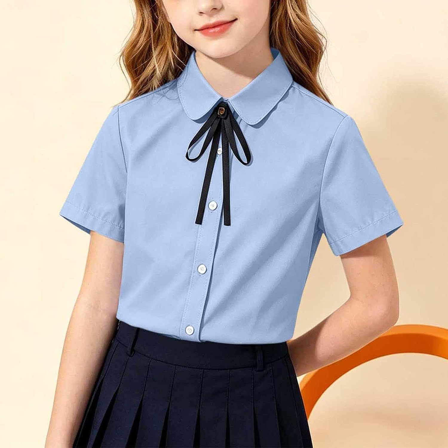 Girls Button Down Blouse Bow Tie Short Sleeve School Tops | Collared Woven Shirt With Removable Bow For Uniform Looks, Recitals, And Dressy Daily Wear