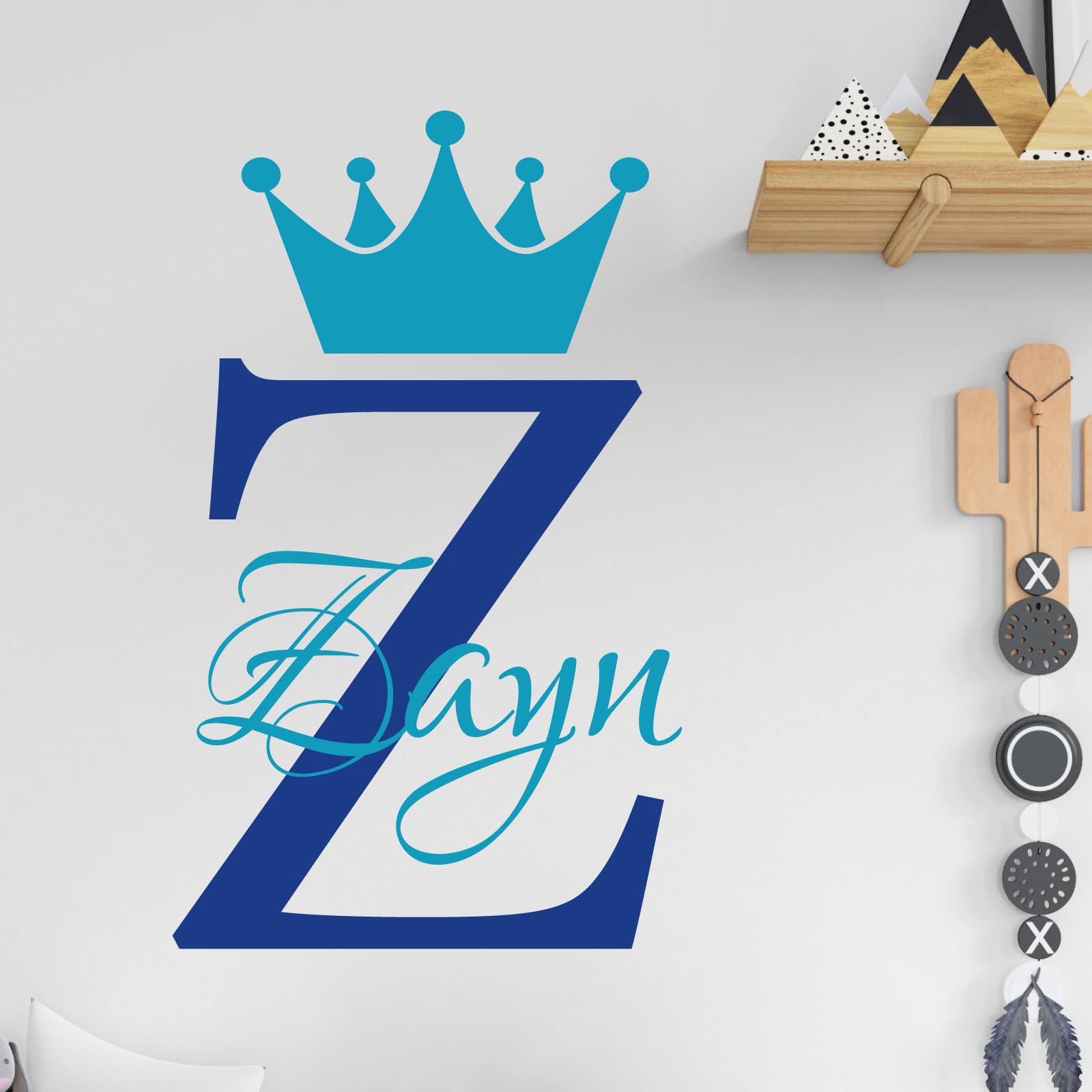 Personalised Name Baby Prince Princess Decal Wall Sticker - Initial Letter Crown [Medium] [Mid Blue]