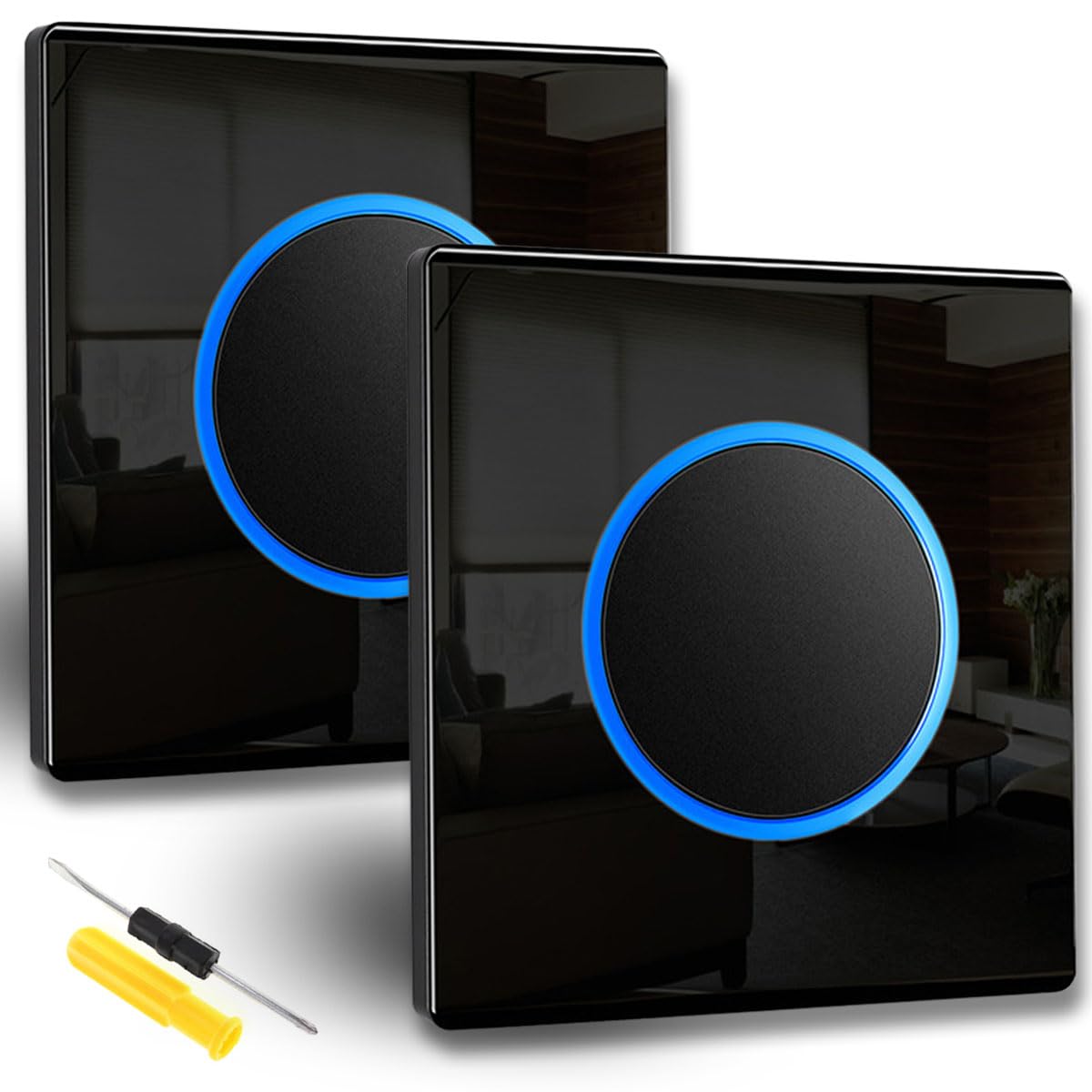 Acmerota Circle Push Button 1 Gang 2 Way Light Switch with LED Indicator - Glass Panel 10A ON/Off Switch for Home Office School - Pack of 2