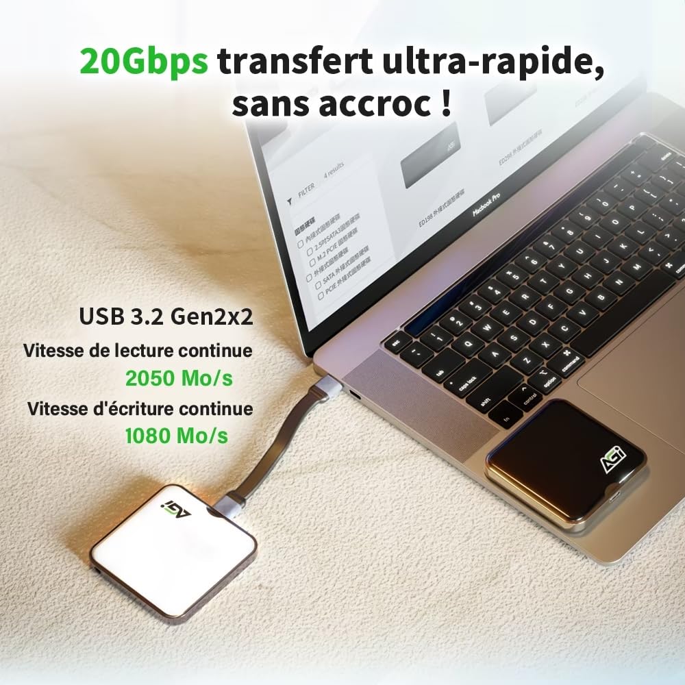 AGI EDM38 2 to SSD Externe Portable Magnétique USB 3.2 Blanc pour PC